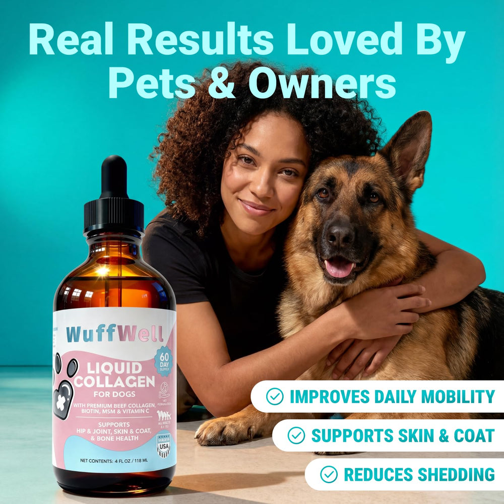 WuffWell skin-health-dog-drops depict calmer skin and comfortable coat