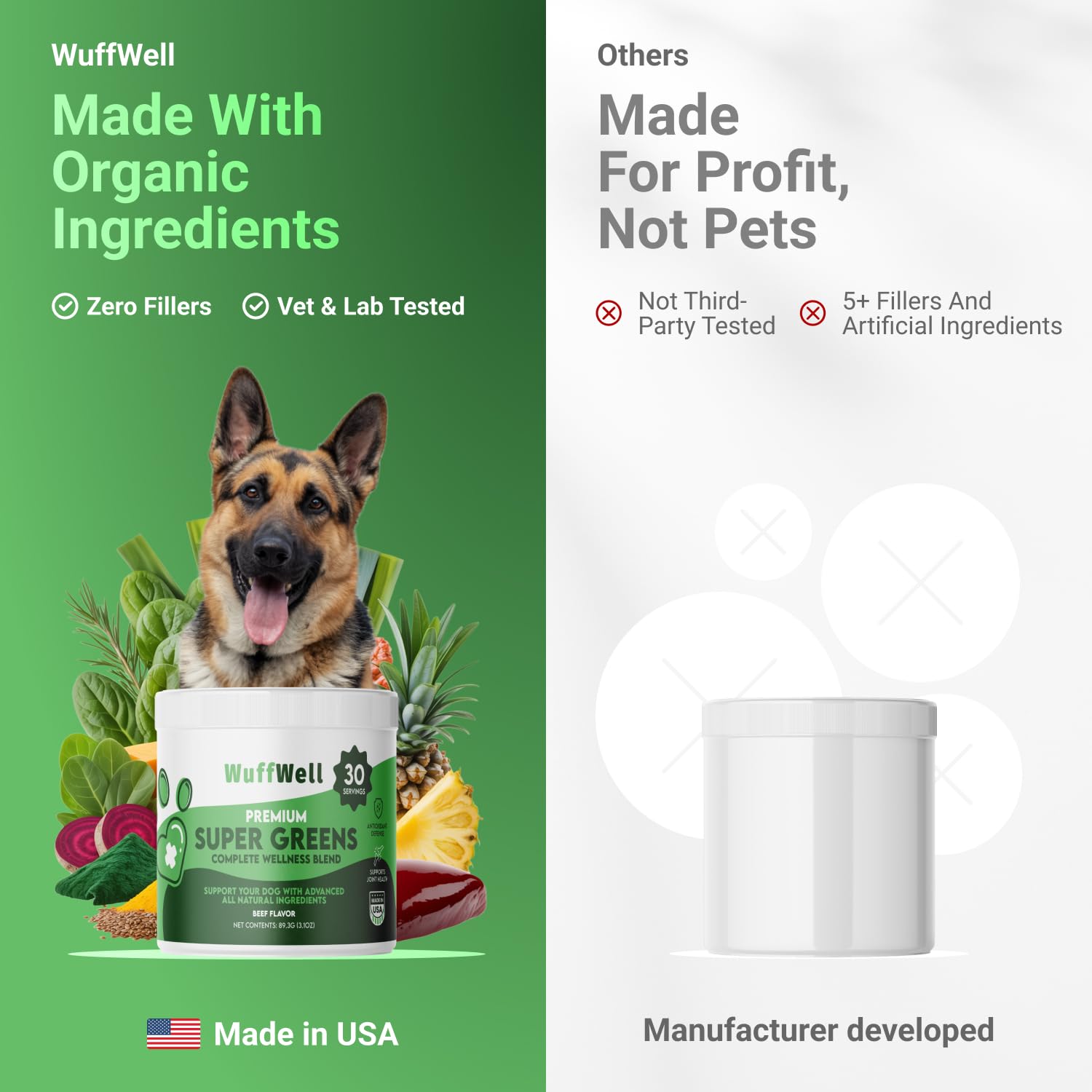 WuffWell Super Greens dog immune-balance underscores antioxidants for immune support.