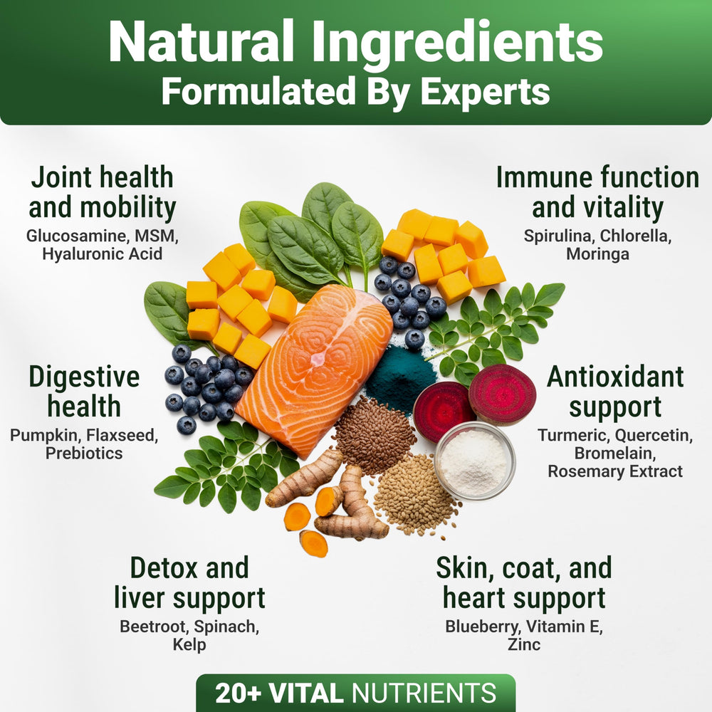 WuffWell Super Greens dog ingredients-glucosamine features joint-friendly daily support.