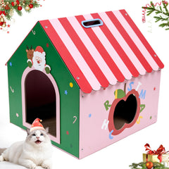 WUGO Christmas Cat Scratcher House front view showing festive red design and entry space