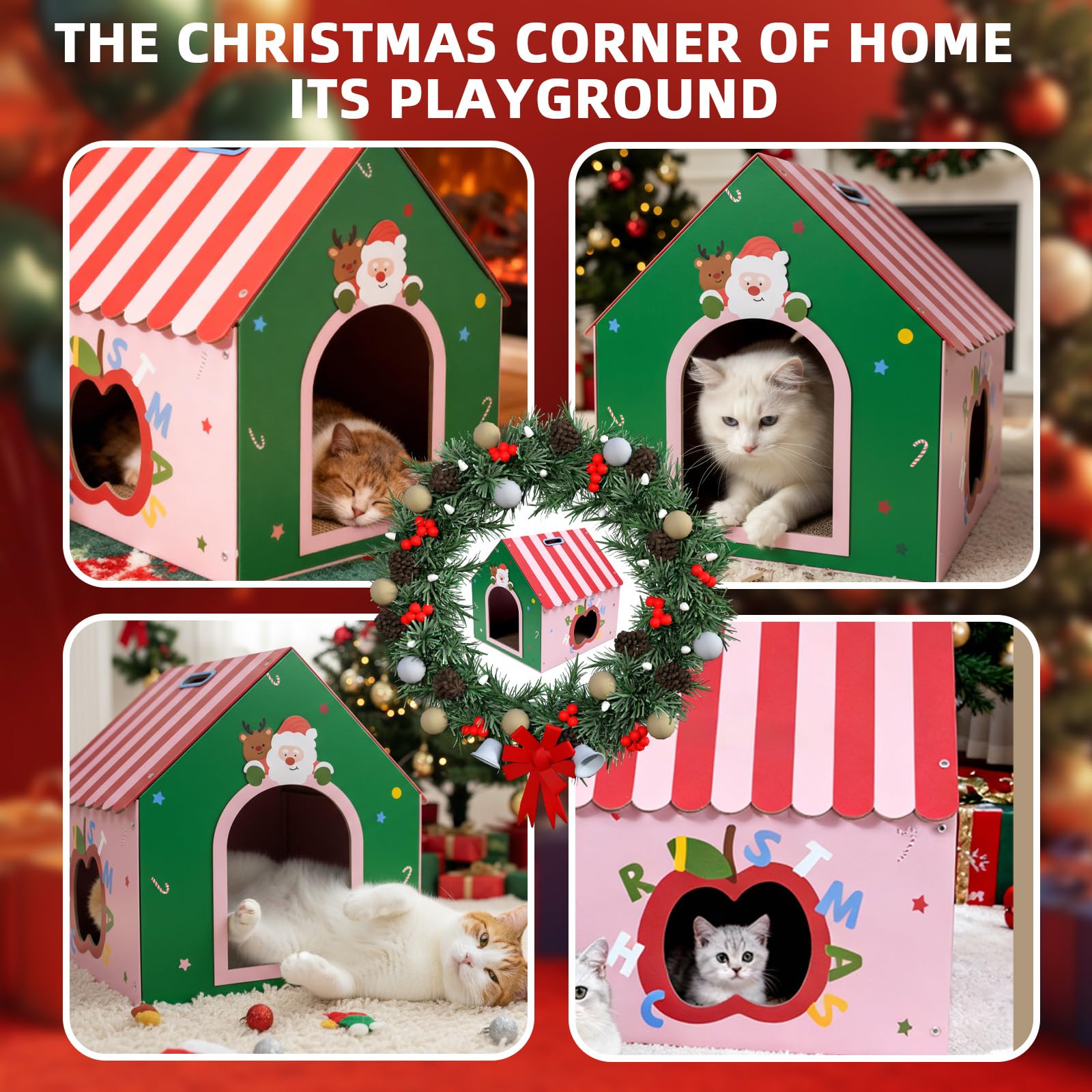 WUGO Christmas Cat Scratcher House in-room setup as holiday decor