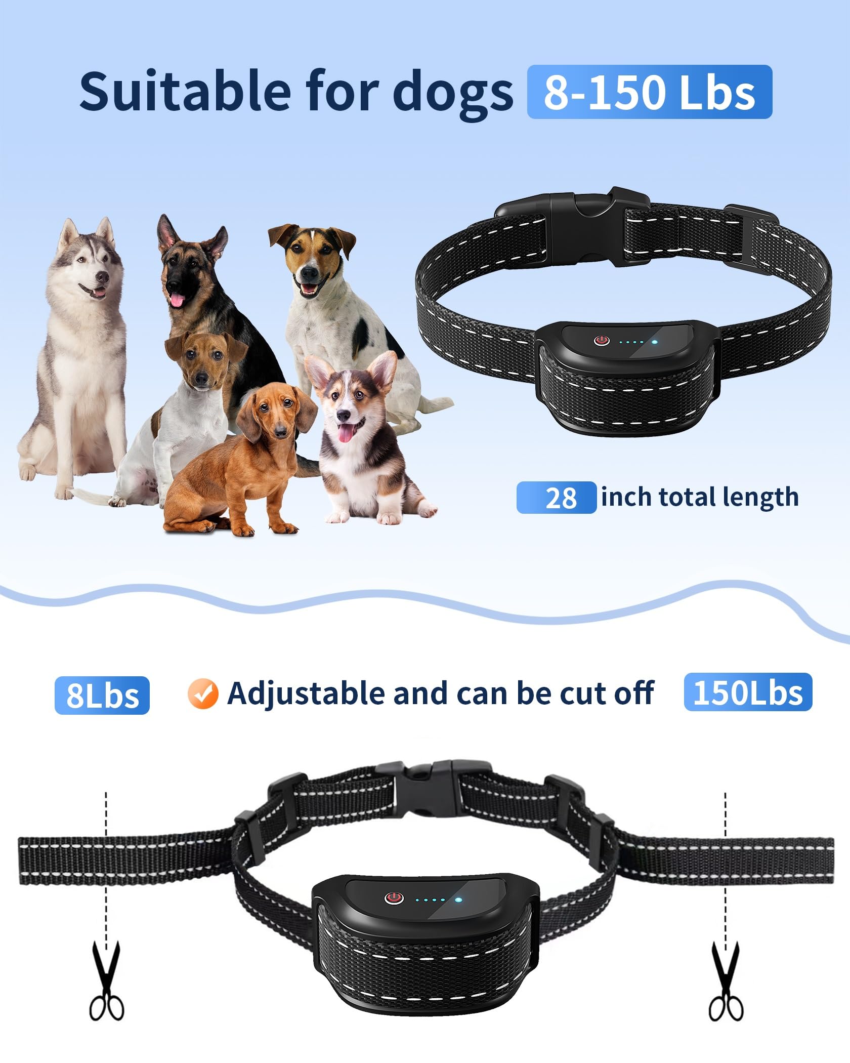 WUJ adjustable levels 1-99 collar adapts to any dog size.