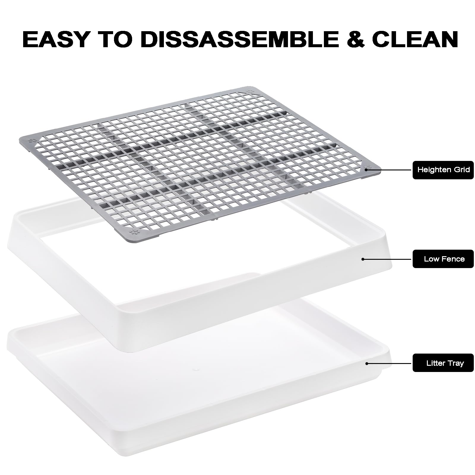 WUWEOT litter box with perforated grate keeps feet dry and waste separated.