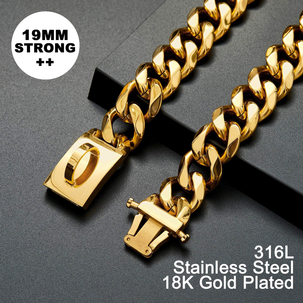 W/W Lifetime 19mm-wide Cuban link collar close-up for strong, active dogs.