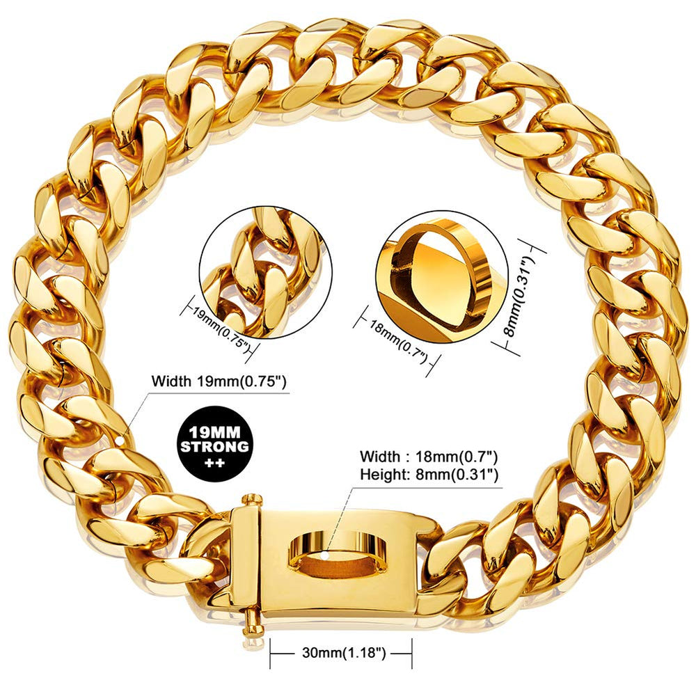 W/W Lifetime gold dog chain collar Cuban link detail highlighting heavy-duty construction for chewers.