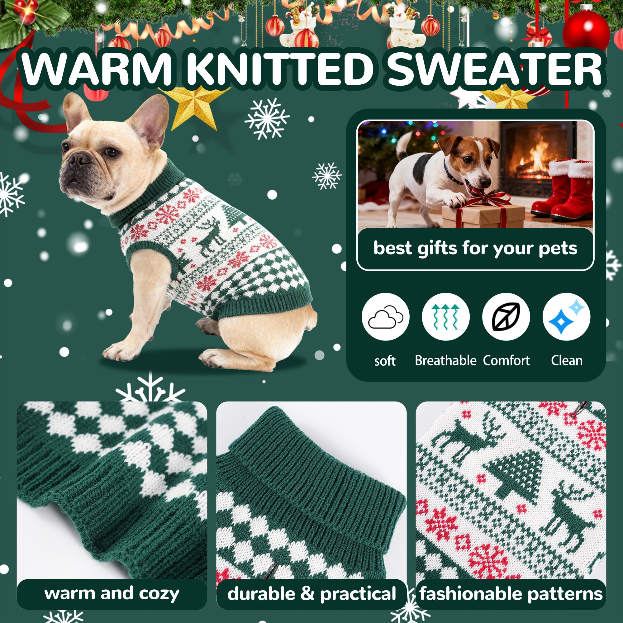Wynignis Christmas dog sweater green back view ideal for festive photos.