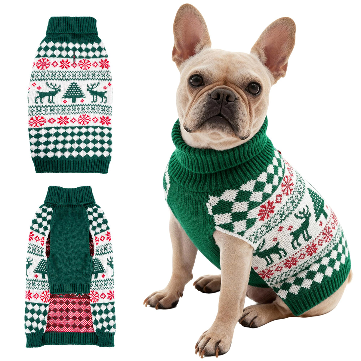 Wynignis Christmas dog sweater green front view for warm winter walks.