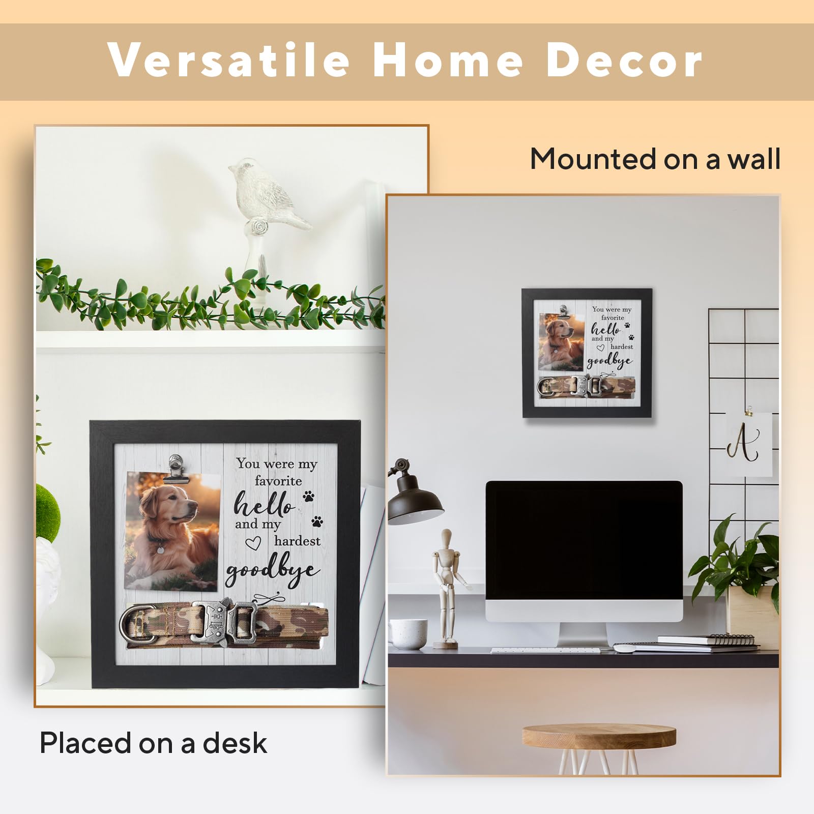 X-partner rustic wood memorial frame highlights the collar display for remembrance