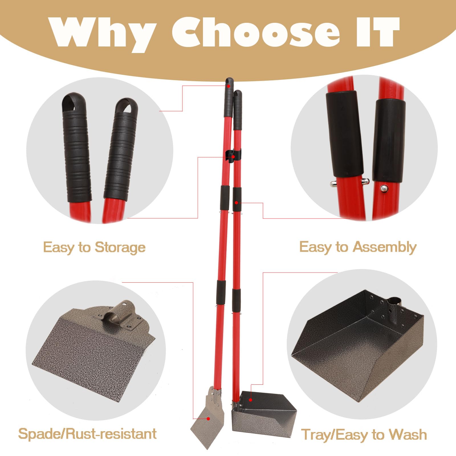 X-TECOKIT Pooper Scooper long handle extends reach to reduce bending.