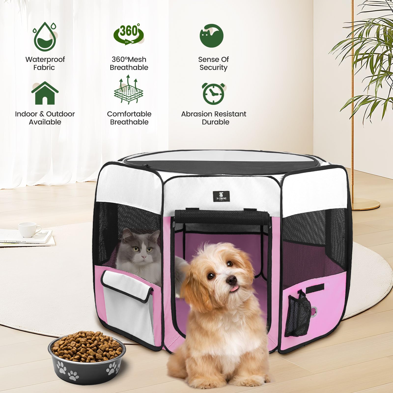 X-ZONE PET playpen setup outdoors showing ventilation and quick setup.