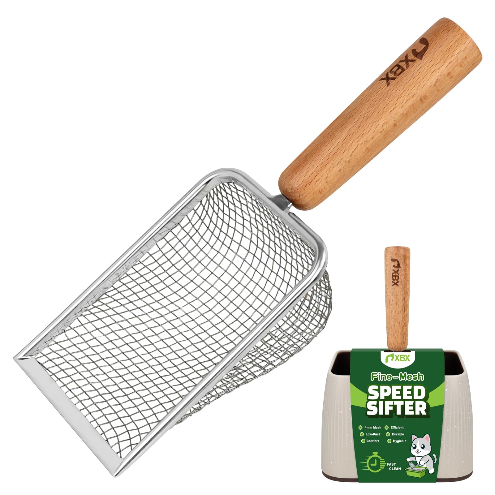 XBX cat litter scoop with metal mesh holder highlights durable stainless steel construction for daily scooping.
