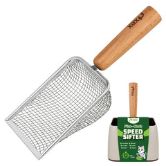 XBX cat litter scoop with metal mesh holder highlights durable stainless steel construction for daily scooping.