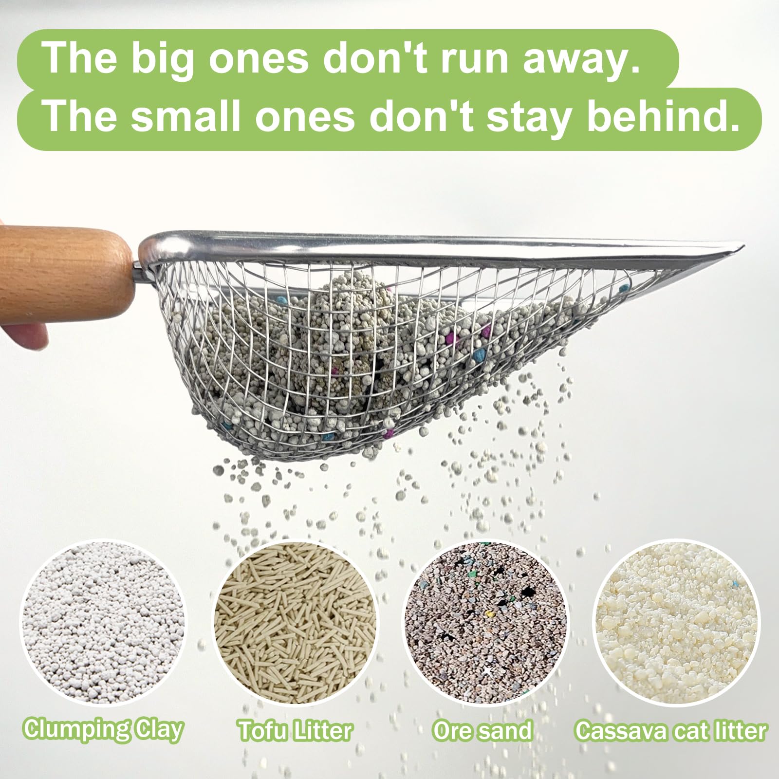 XBX litter scoop wooden handle offers ergonomic comfort during quick litter box cleaning.