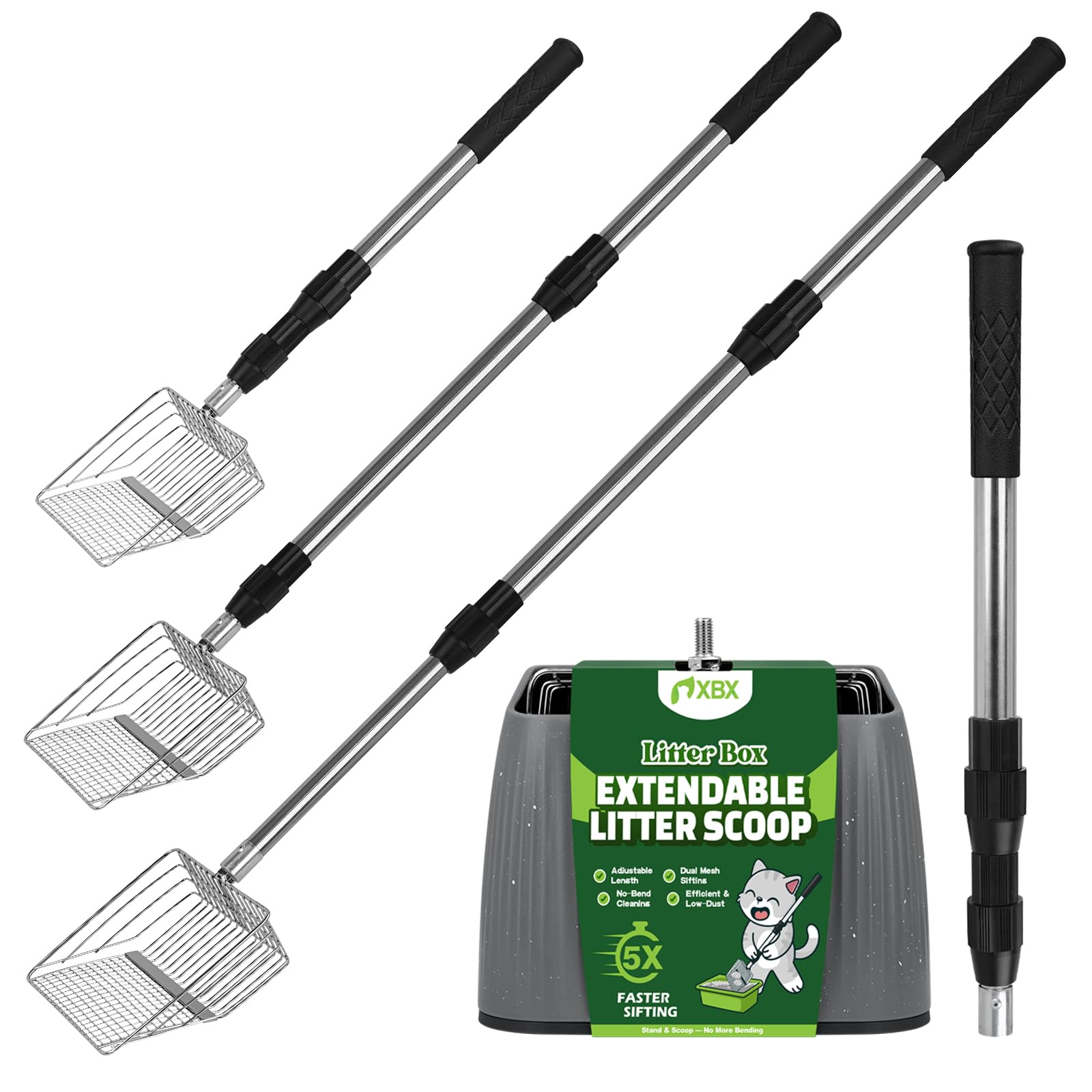 XBX long-handle litter scoop extendable in use for easy reach
