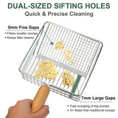 XBX stainless steel litter scoop with front grid captures fine particles.