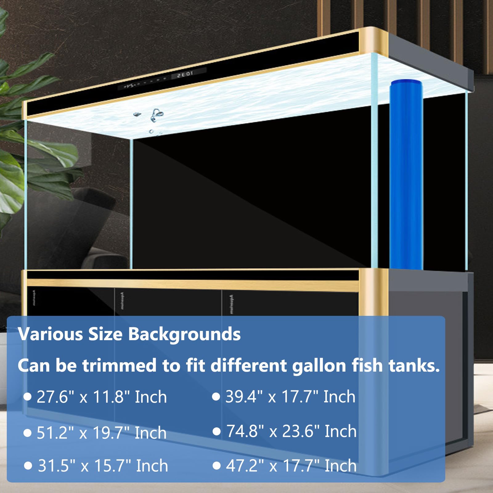 XCNO backdrop close-up shows crisp black vinyl for a sleek, modern fish tank