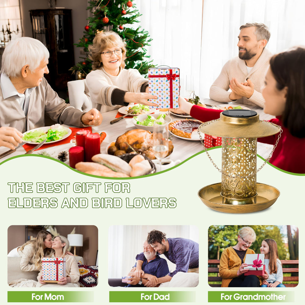 XDW-GIFTS bronze bird feeder side view shows durable weatherproof metal for outdoor use.