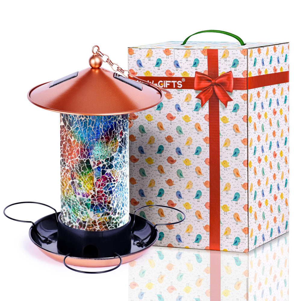 XDW-GIFTS mosaic solar bird feeder front view shows vibrant mosaic glass and glow