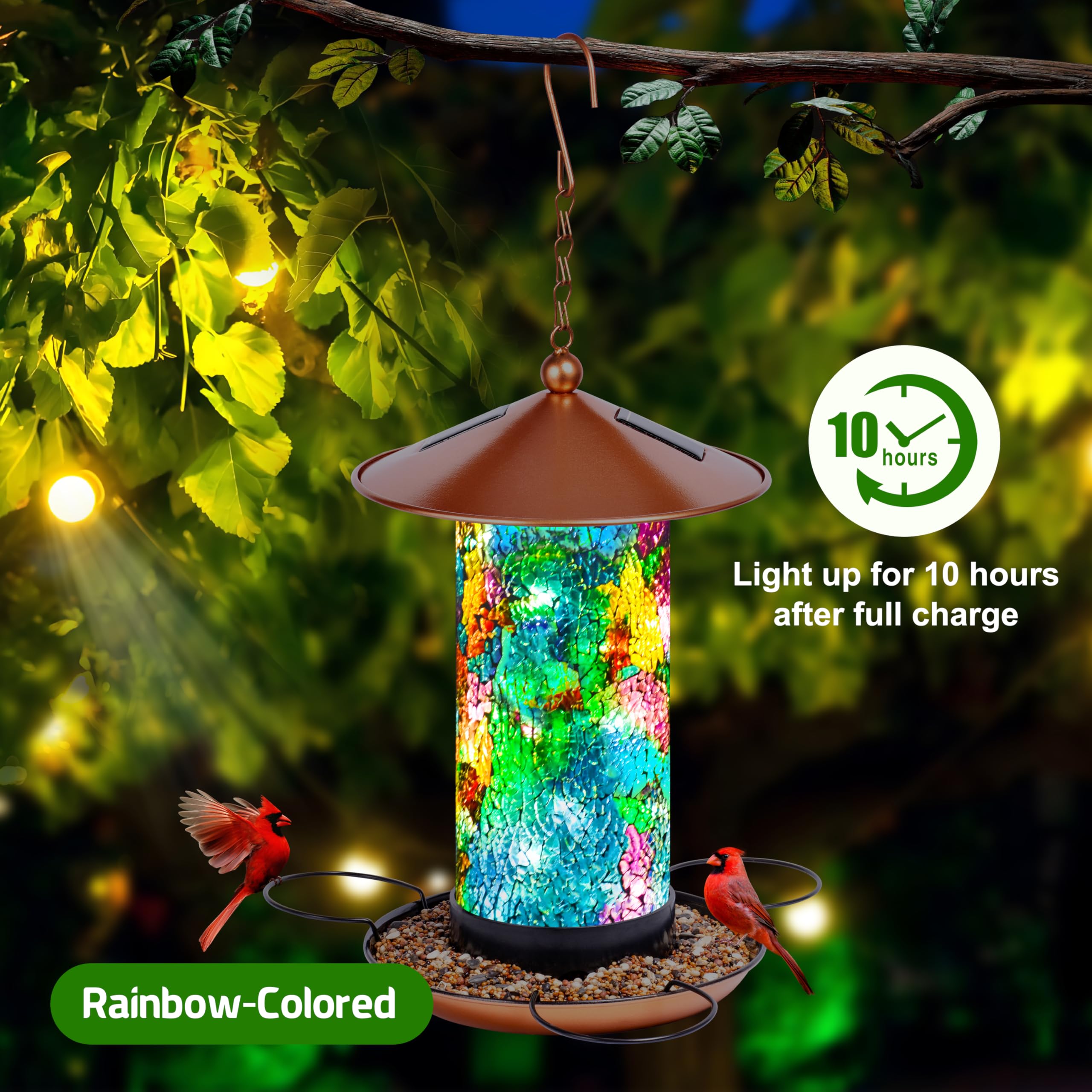 XDW-GIFTS mosaic solar bird feeder LED illumination in low light
