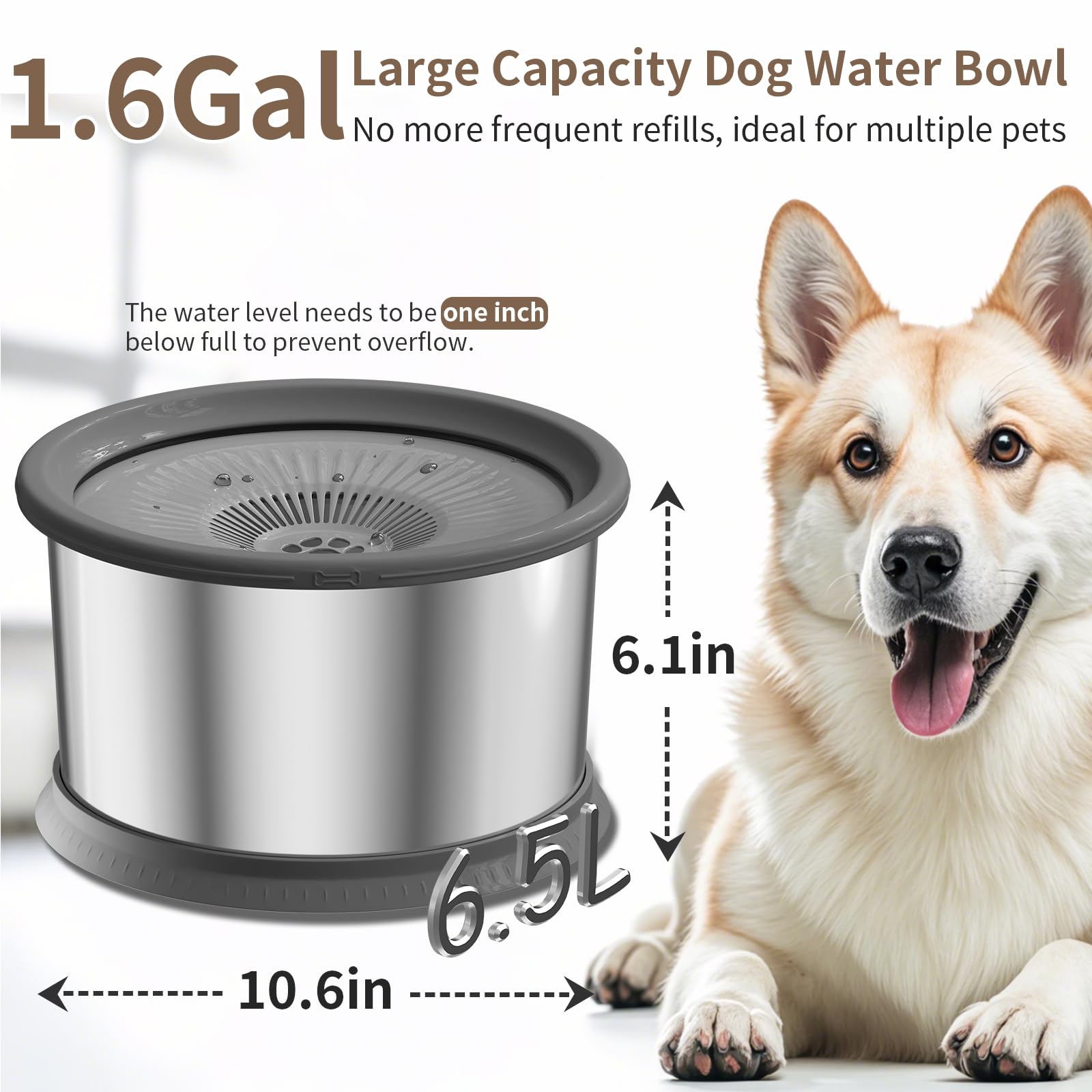 Xetino 6.5L dog water bowl with floating plate slows drinking to reduce spills.