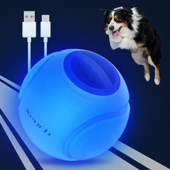 Xeuch LED dog ball blue front view shows durable rubber for outdoor fetch.