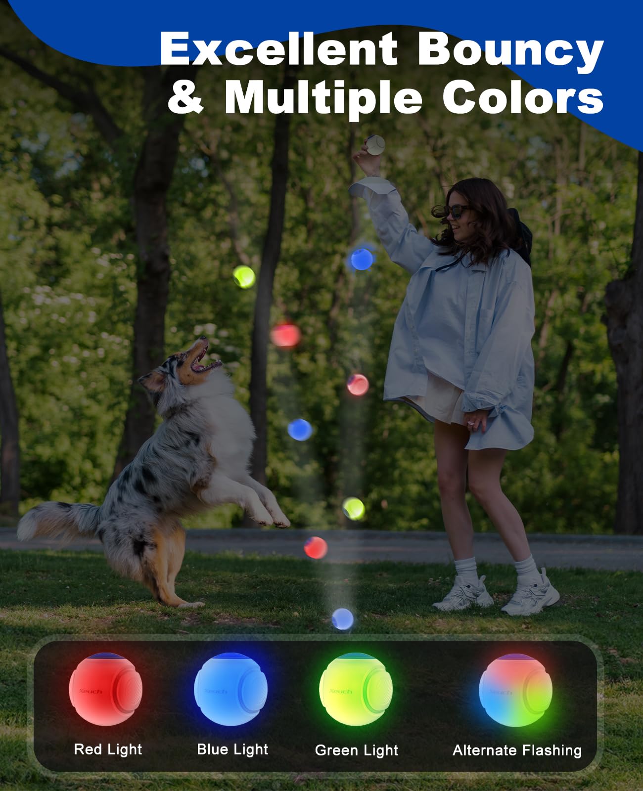 Xeuch LED dog ball blue night glow enables safe play after dark.