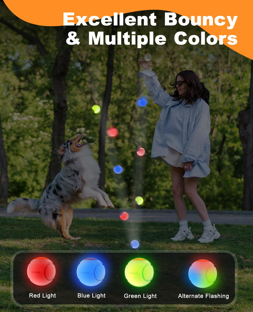 Xeuch LED dog ball orange two light modes enhance night play with alert visibility and engagement.