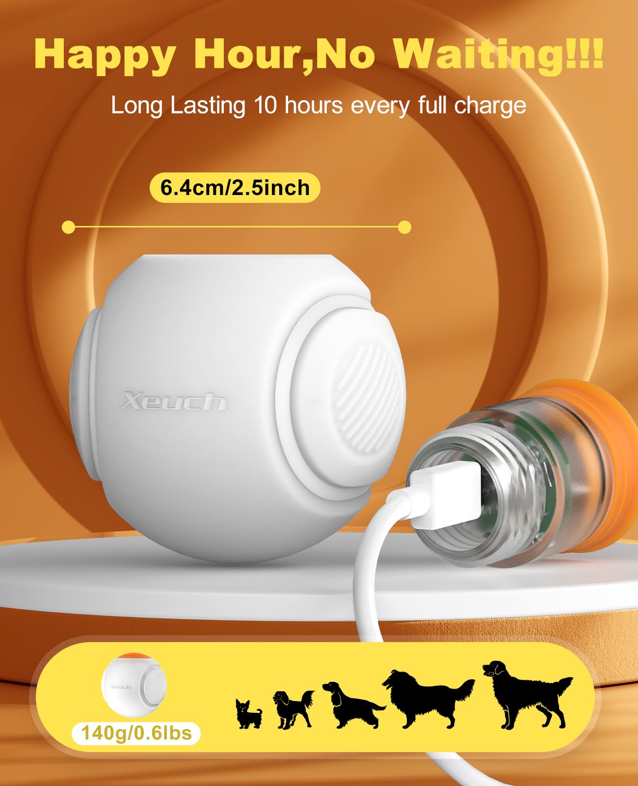 Xeuch LED dog ball orange type-C charging delivers fast top-ups for longer play sessions.