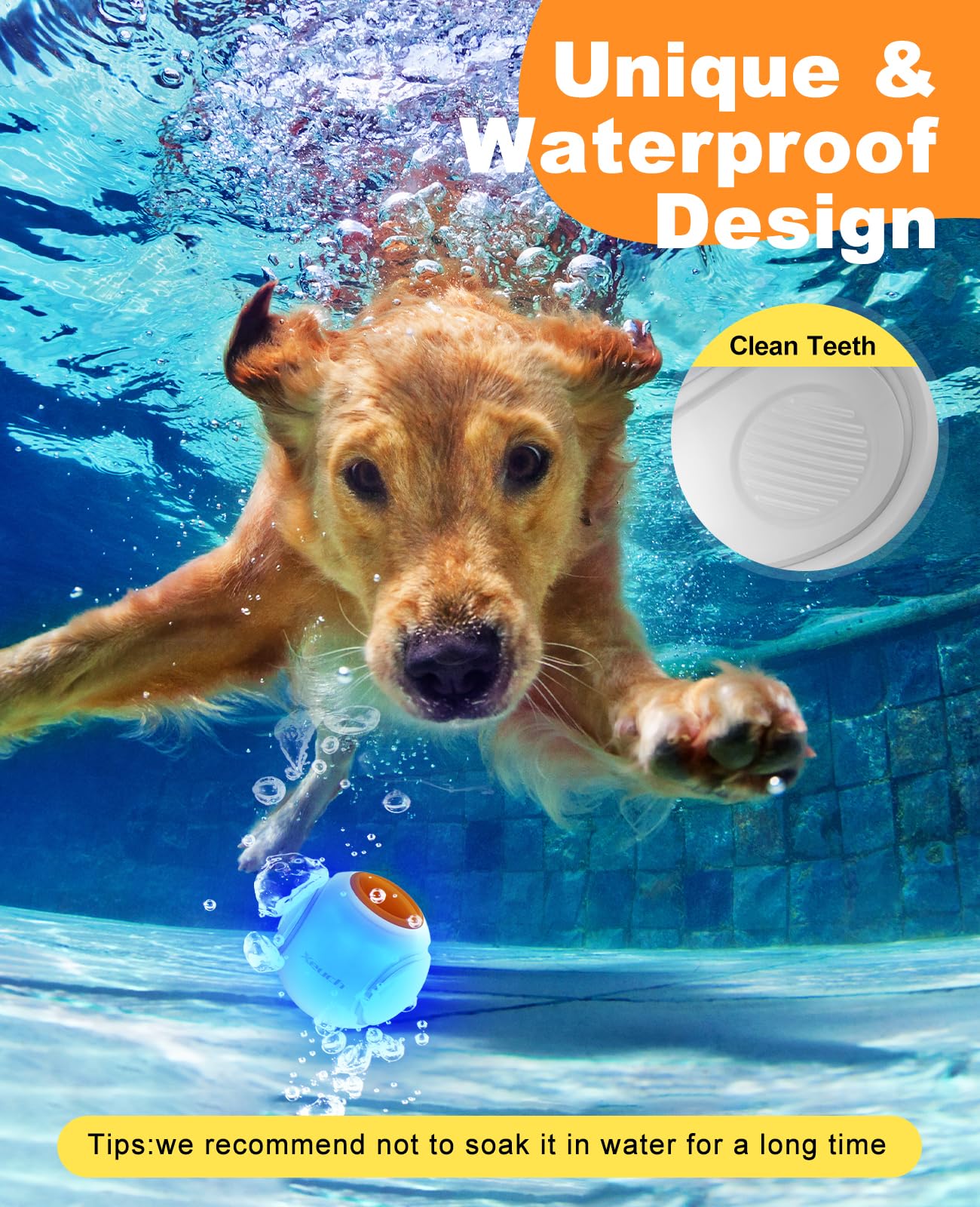 Xeuch LED dog ball orange waterproof design cleans easily and protects teeth during fun fetch.