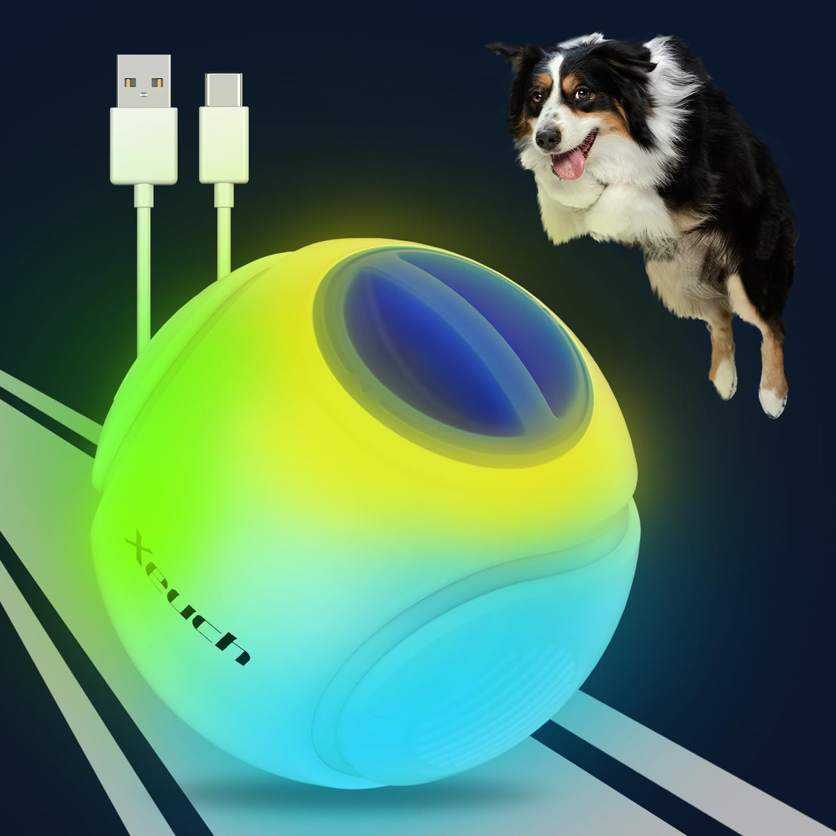 Xeuch light-up dog ball blue front view for night visibility and easy retrieval.