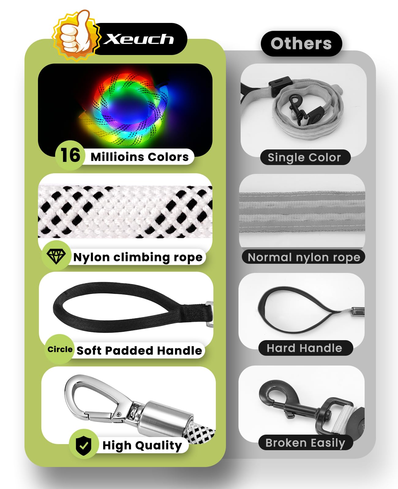 Xeuch light-up leash with 360-degree tangle-free hook prevents twists during runs