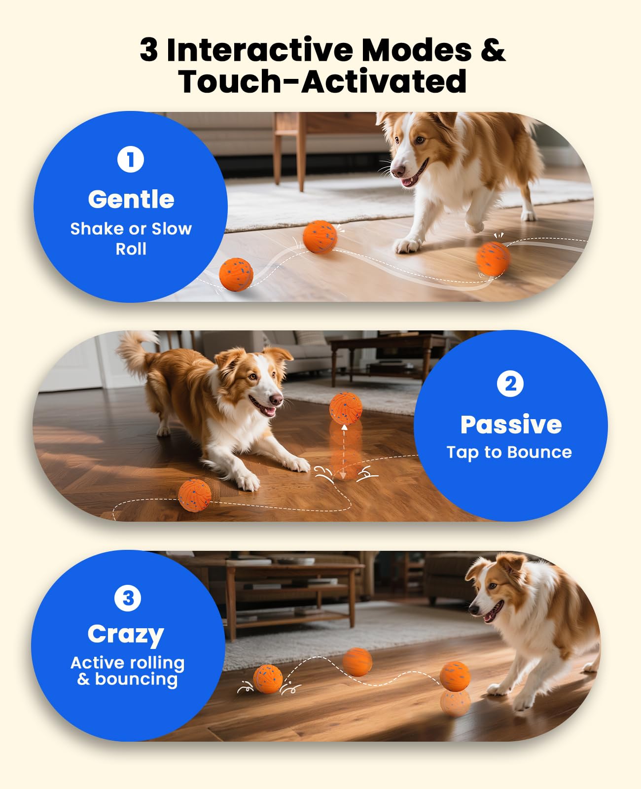Xeuch Smart Interactive Dog Ball roll mode for gentle indoor enrichment.