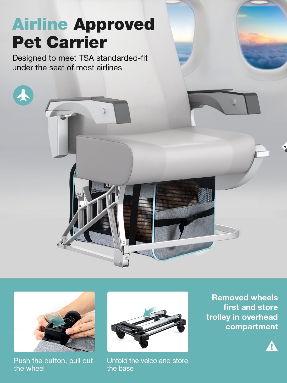 Xevera rolling carrier with telescopic handle for easy airport navigation.