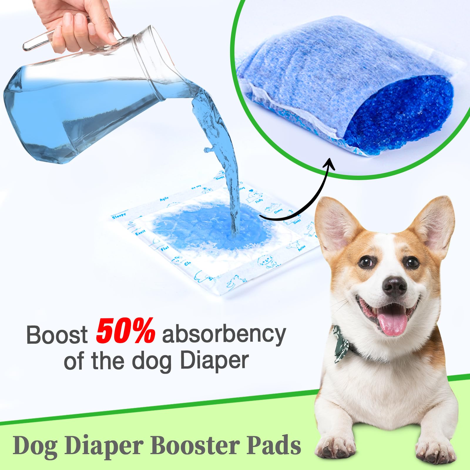Xfire dog diaper liners laid out to show 12-14 oz absorption capacity