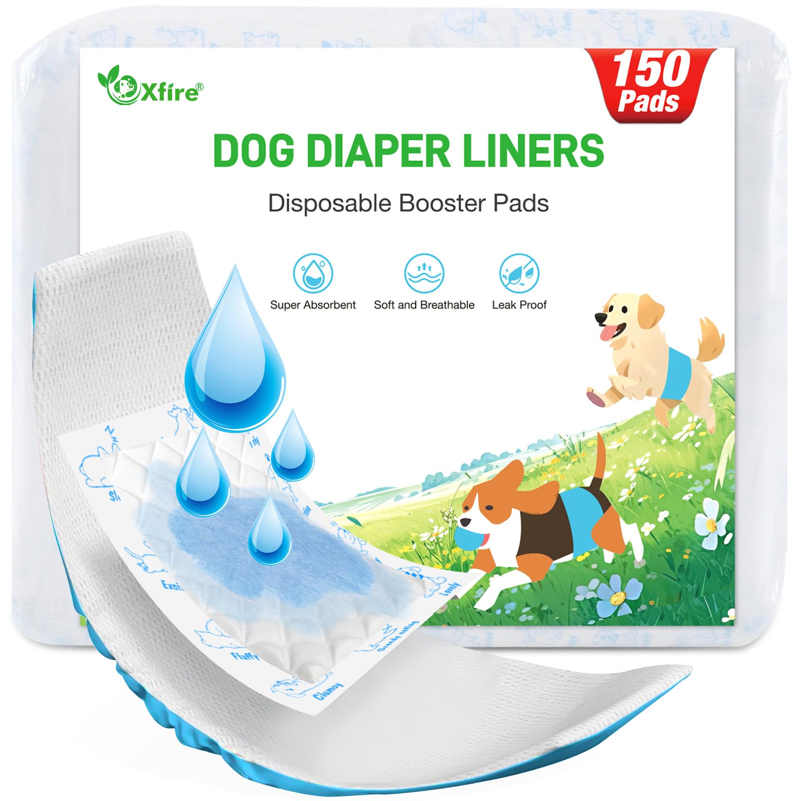 Xfire dog diaper liners booster pads packaging highlights absorbency and value