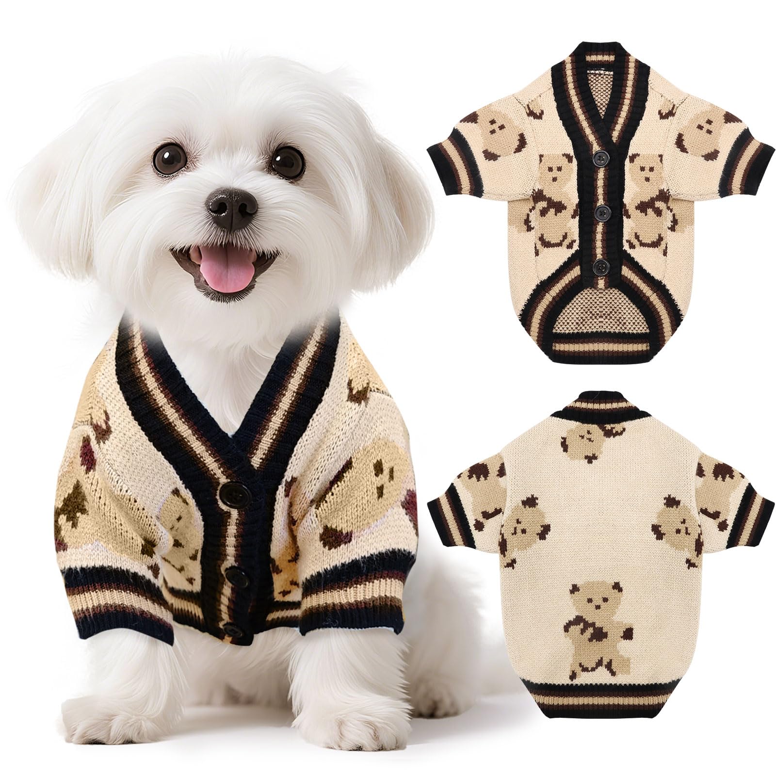 XGDMEIL bear-knit cardigan front view keeps small dogs warm and stylish.
