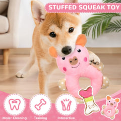 XGDMEIL pink donut teething toy with squeak stimulates play and engagement.