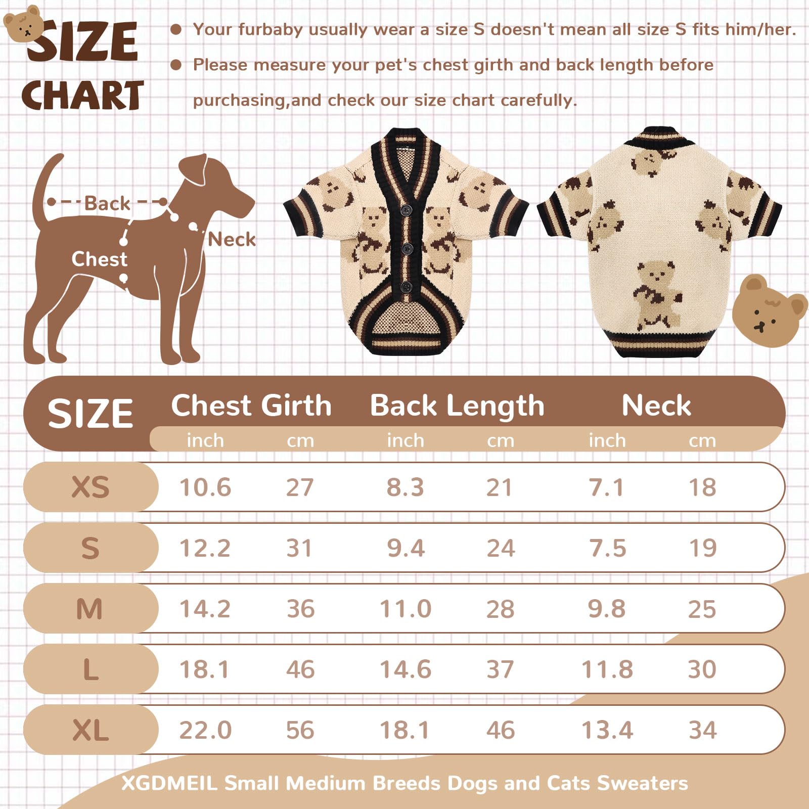 XGDMEIL size chart highlights five-fit options for precise sizing.