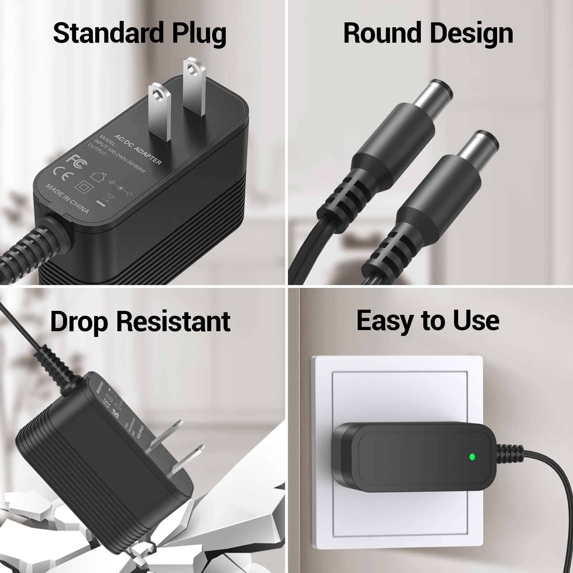 XHUCHINMAL US plug power adapter supporting 100-240V input for travel-friendly use.