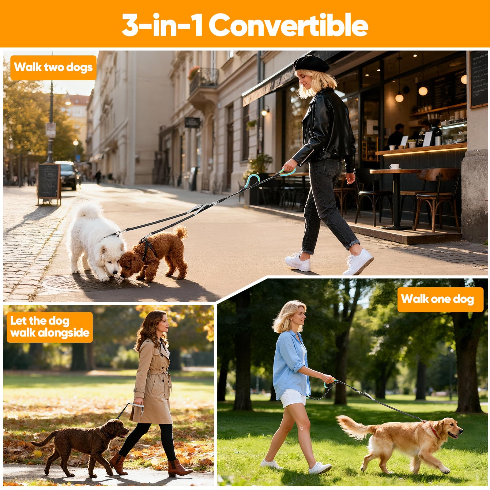 XiaZ double dog leash demonstrating 3-in-1 convertible setup for single-dog use and space-saving versatility.