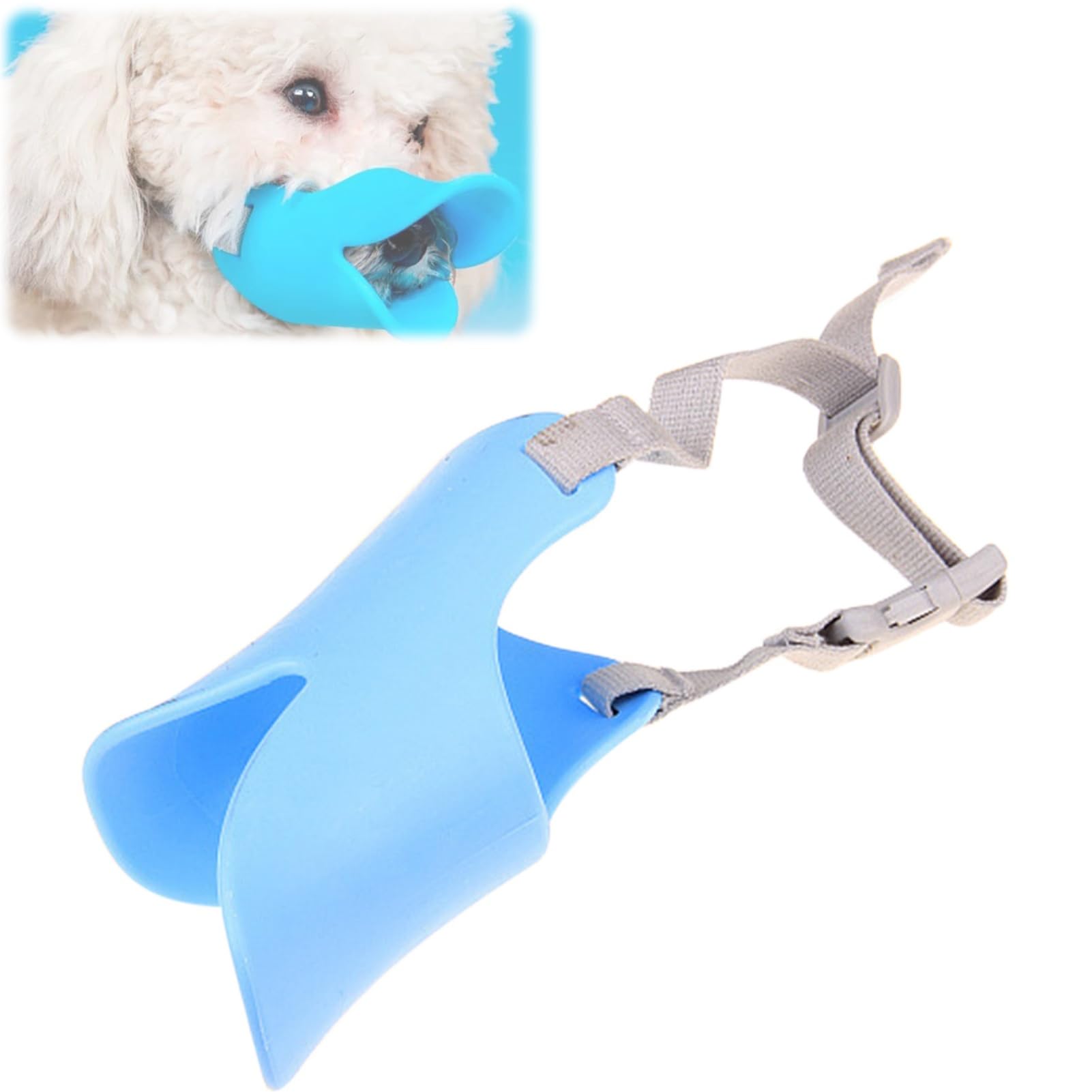 Xiaokeis anti-bite duck muzzle blue front view for safe, comfortable walks.