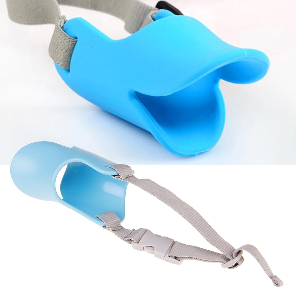 Xiaokeis muzzle blue protects injured areas by preventing licking during recovery.