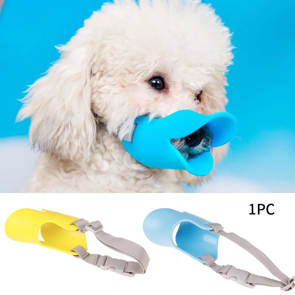 Xiaokeis duck-muzzle blue design reduces stray bites during outings.