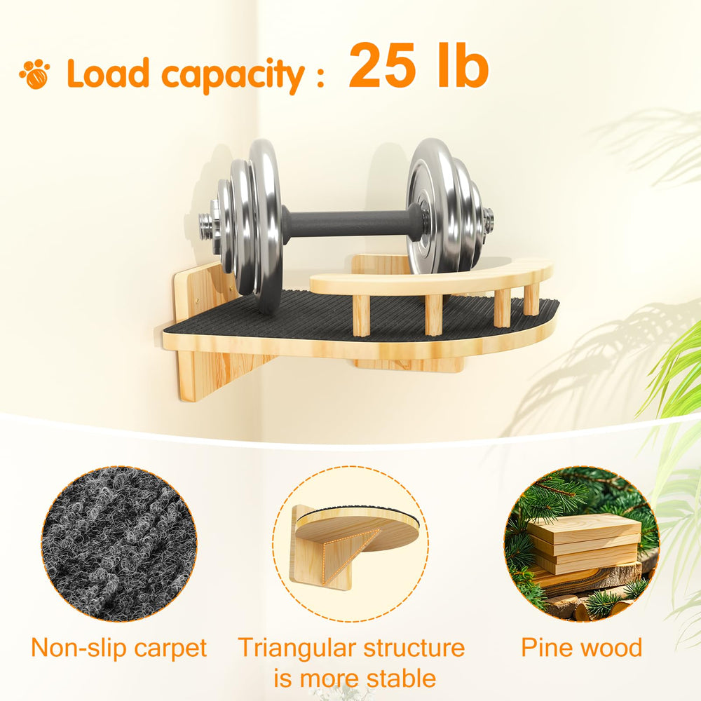 XiaZ cat wall shelves guardrail and non-slip surface improve grip during naps.