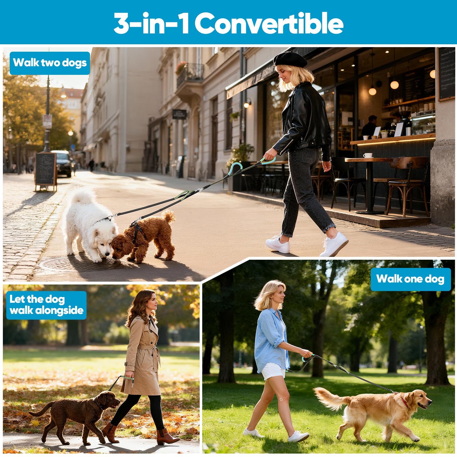 XiaZ Double Dog Leash 3 in 1 convertible design switches to single-dog setup