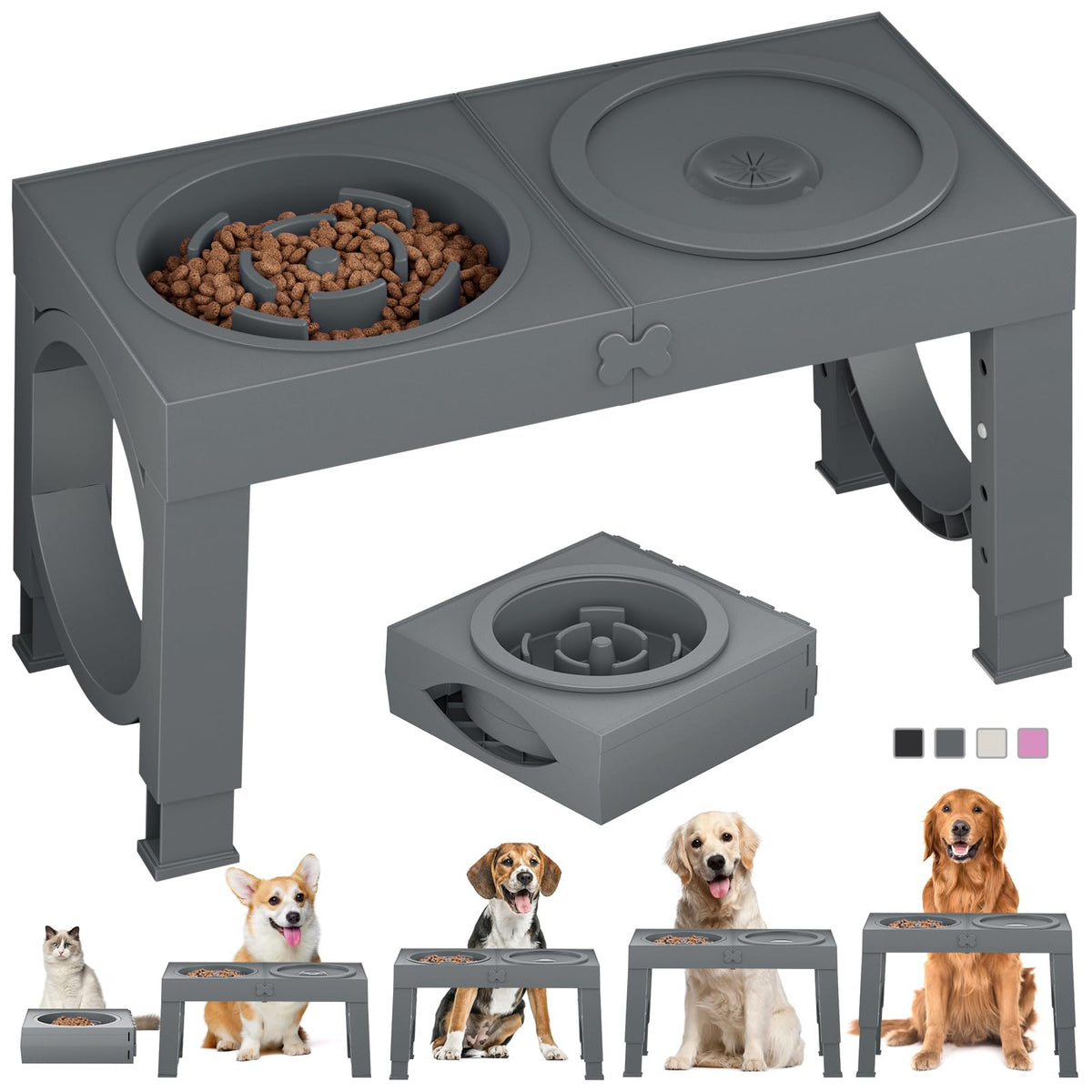 XIAZ slow feeder bowl stand front view showing elevated, non-slip design for comfortable meals