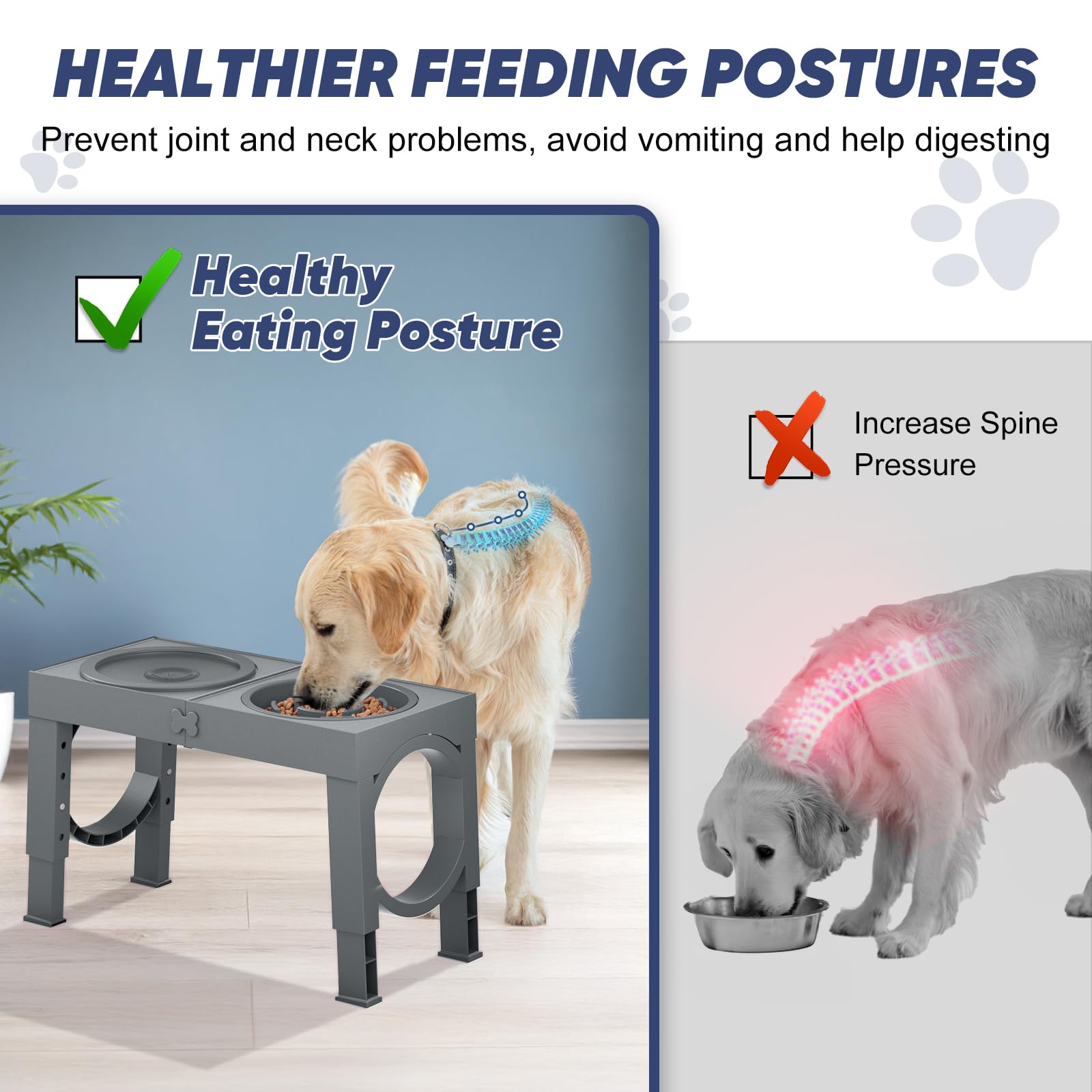 XIAZ slow feeder bowl stand height settings displayed for different dog sizes