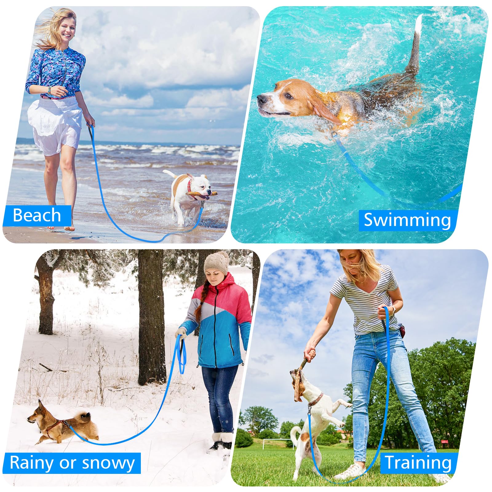 XiaZ blue high-visibility long leash helps spot your dog during outdoor play.