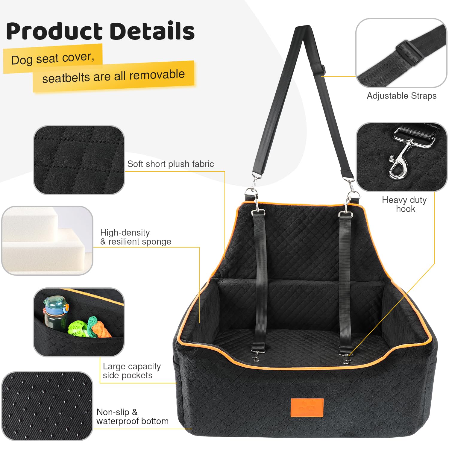 XIEEAOZEE dog car seat cushion closeup highlights thick, comfy padding for pets.