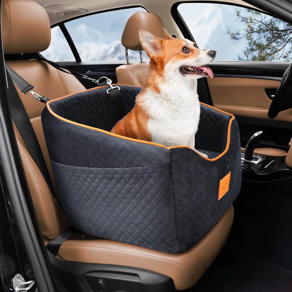 XIEEAOZEE dog car seat front view shows elevated perch for small dogs during rides.
